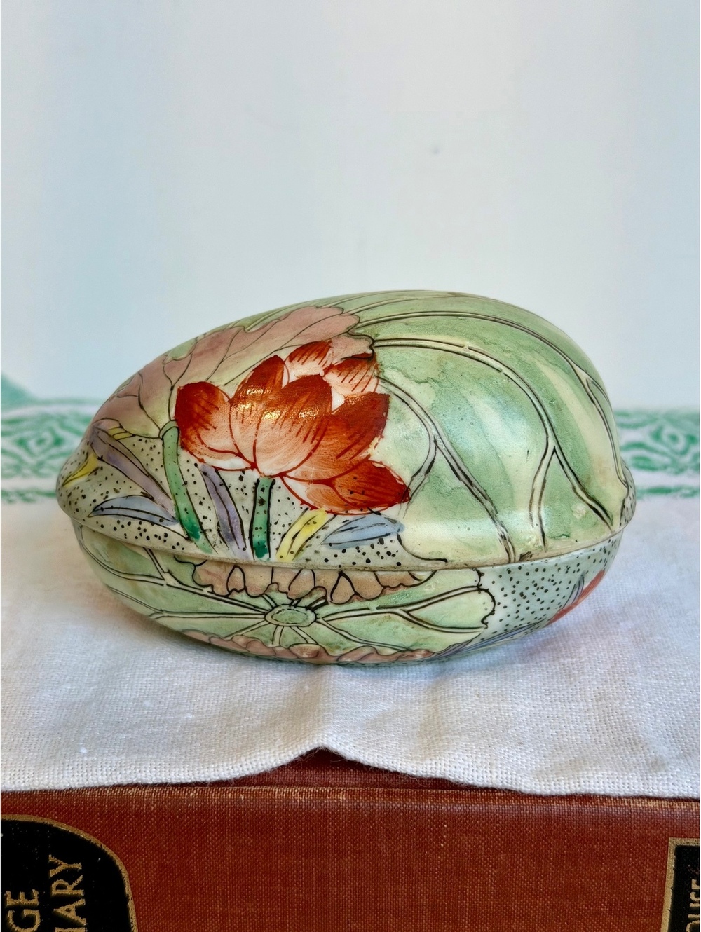 Vintage Macau Hand Painted Porcelain Egg Trinket Box Lotus Floral Lidded Dish